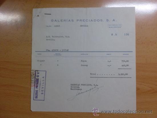 Facturas antiguas: FACTURA. SEVILLA. ABRIL 1961. GALERIAS PRECIADOS, S. A.