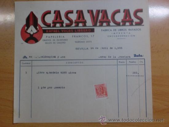 Facturas antiguas: FACTURA. SEVILLA. ABRIL 1955. RAFAEL VACAS RIVERO. CASAVACAS, PAPELERIA.