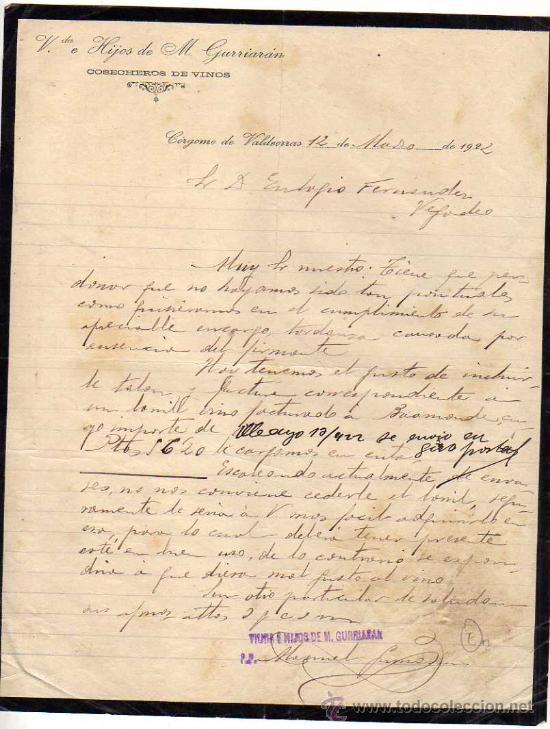 Old Invoices: Factura. Viuda e hijos de M. Gurriaran. Cosecheros de vinos. Corgomo de Valdeorras Leon. firma.