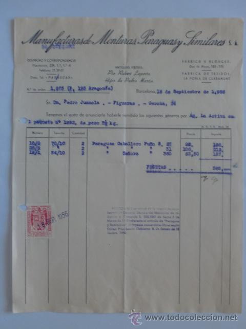 Fatture antiche: FACTURA. BARCELONA. SEPTIEMBRE 1956. MANUFACTURAS DE MONTURAS, PARAGUAS Y SIMILARES S. A.