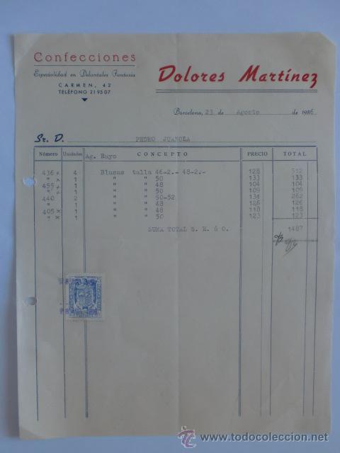 Fatture antiche: FACTURA. BARCELONA. AGOSTO 1956. DOLORES MARTIN. CONFECCIONES. ESPECIALIDAD DELANTALES DE FANTASIA.
