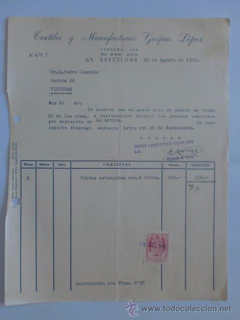 Fatture antiche: FACTURA. BARCELONA. AGOSTO 1956. TEXTILES Y MANUFACTURAS GASPAR LOPEZ.