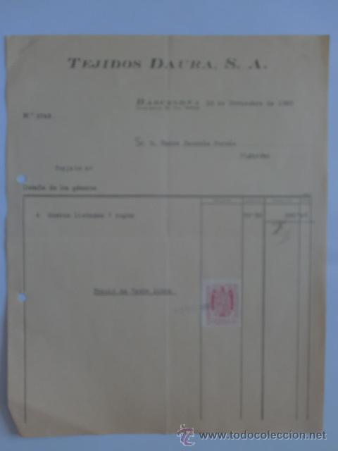 Fatture antiche: FACTURA. BARCELONA. NOVIEMBRE 1950. TEJIDOS DAURA, S. A. .