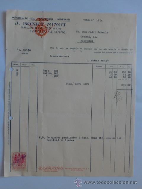 Fatture antiche: FACTURA. BARCELONA. SEPTIEMBRE 1950. J. BONETNINOT. PA&Ntilde;OLERIA DE SEDA, ESTAMPADOS, NOVEDADES.