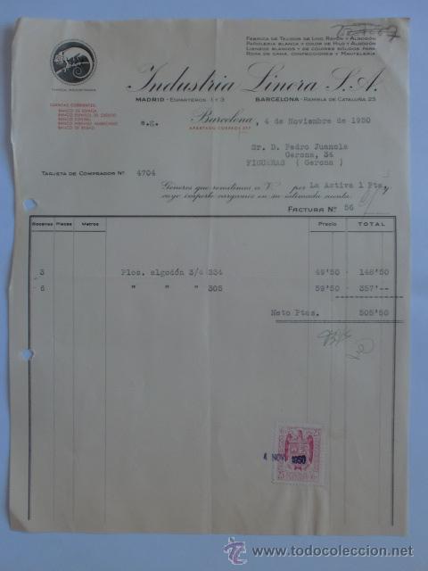Fatture antiche: FACTURA. BARCELONA. NOVIEMBRE 1950. INDUSTRIA LINERA S. A. FABRICA DE TEJIDOS DE LINO.