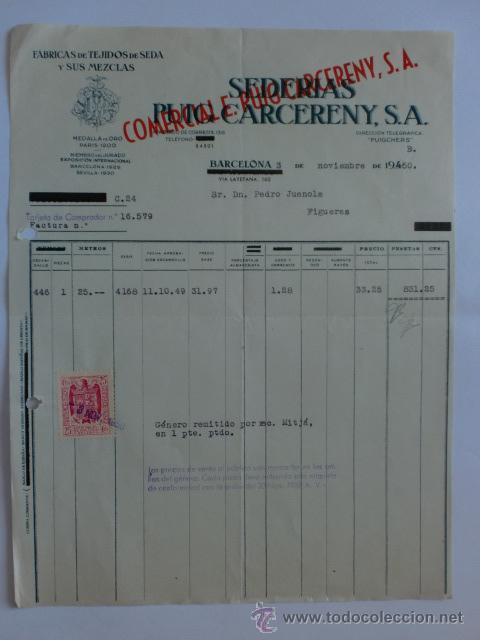 Fatture antiche: FACTURA. BARCELONA. NOVIEMBRE 1950. COMERCIAL E. PUIG CARCERENY, S. A. FABRICA DE TEJIDOS DE SEDA.