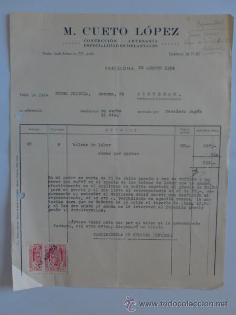 Fatture antiche: FACTURA. BARCELONA. AGOSTO 1956. M. CUETO LOPEZ. CONFECCION, ESPECIALIDAD EN DELANTALES.