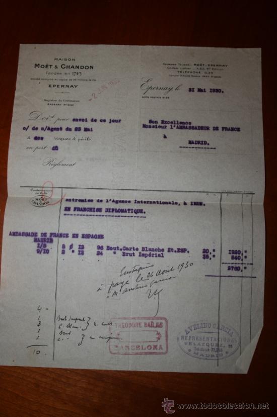Facturas antiguas: Factura Moet Chandon a&ntilde;o 1930. Envio embajada Francesa en Espa&ntilde;a.