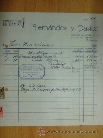 Alte Rechnungen: FACTURAS. VALLADOLID. MAYO 1958. FERNANDEZ Y PASTOR. CONFECCIONES DE CAMISAS.