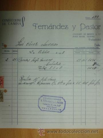 Alte Rechnungen: FACTURAS. VALLADOLID. OCTUBRE 1958. FERNANDEZ Y PASTOR. CONFECCIONES DE CAMISAS.