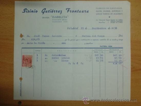 Alte Rechnungen: FACTURAS. VALLADOLID. SEPTIEMBRE 1958. SISINIO GUTIERREZ FRONTAURA. GRANJA ISABELITA. COSTALES, SACO