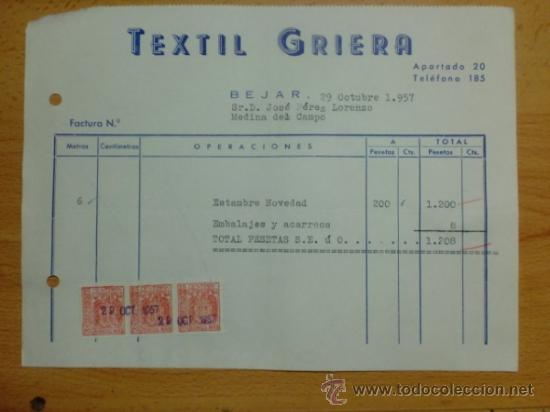 Facturas antiguas: FACTURAS. BEJAR. OCTUBRE 1957. TEXTIL GRIERA. - Foto 1