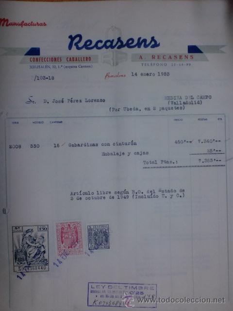 Factures anciennes: FACTURAS. BARCELONA. ENERO 1953. MANUFACTURAS RECASENS, A. RECASEN. CONFECIIONES CABALLERO.