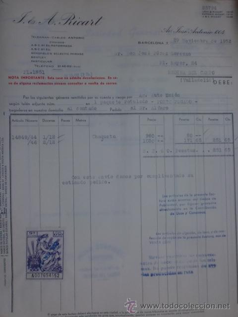Factures anciennes: FACTURAS. BARCELONA. NOVIEMBRE 1952. J. Y A. RICART.