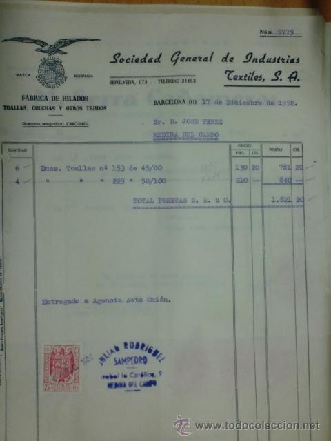 Factures anciennes: FACTURAS. BARCELONA. DICIEMBRE 1952. SOCIEDAD GENERAL DE INDUSTRIAS, S. A. FABRICA DE HILADOS.