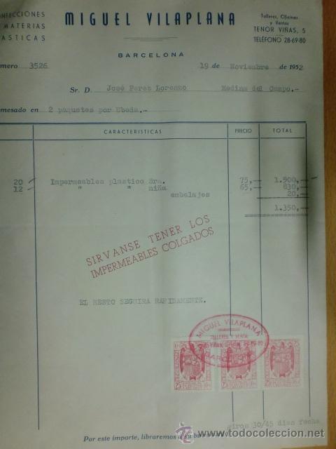 Factures anciennes: FACTURAS. BARCELONA. NOVIEMBRE 1952. MIGUEL VILAPLANA. CONFECCIONES DE MATERIAS PLASTICAS.