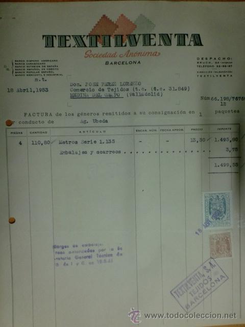 Factures anciennes: FACTURAS. BARCELONA. ABRIL 1953. TEXTILVENTA. S. A.
