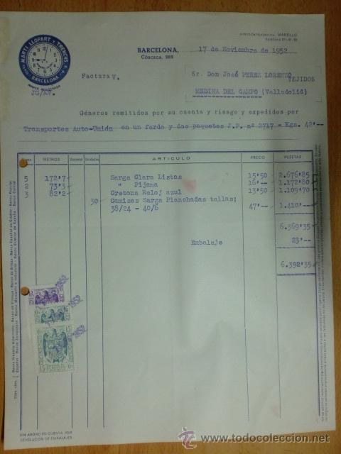 Factures anciennes: FACTURA. BARCELONA. NOVIEMBRE 1952. TEXTIL MARTI, LLOPART Y TRENCHS. MARCA REGISTRADA.