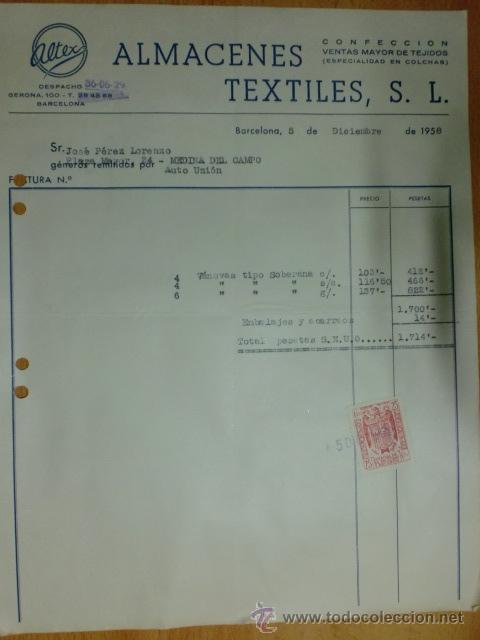 Factures anciennes: FACTURA. BARCELONA. DICIEMBRE 1958. ALTEX. ALMACENES TEXTILES, S. L. CONFECCI&Oacute;N, VENTAS AL MAYOR.