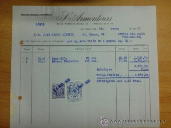 Factures anciennes: FACTURA. BARCELONA. MARZO 1959. S. ARMENTERAS.