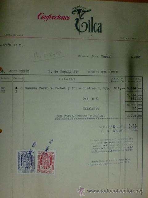 Factures anciennes: FACTURA. BARCELONA. MARZO 1959. S. CONFECCIONES TILCA..