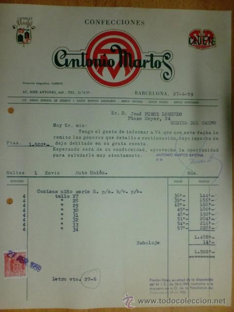Factures anciennes: FACTURA. BARCELONA. ABRIL 1959. CONFECCIONES ANTONIO MARTOS. CAMISAS MARFIL- CORBATAS CADETE.