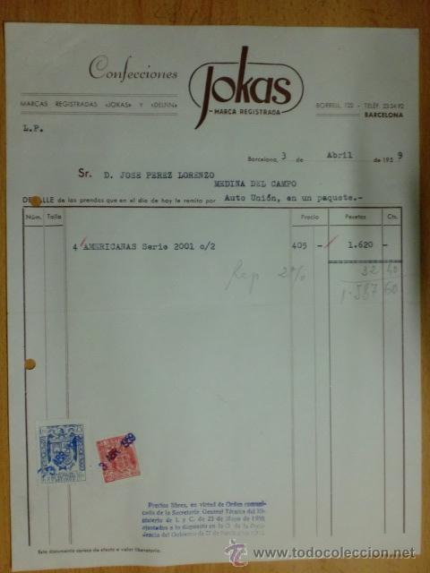 Factures anciennes: FACTURA. BARCELONA. ABRIL 1959. CONFECCIONES JOKAS. MARCA REGISTRADA, JOKAS Y DELFIN.