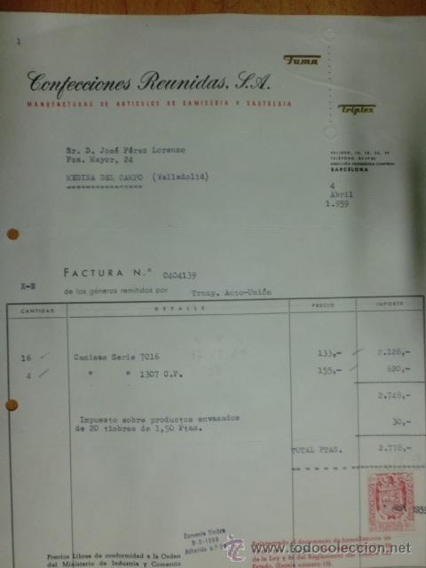 Factures anciennes: FACTURA. BARCELONA. ABRIL 1959. CONFECCIONES REUNIDAS S. A. MANUFACTURAS DE CAMISERIA Y SASTRERIA.