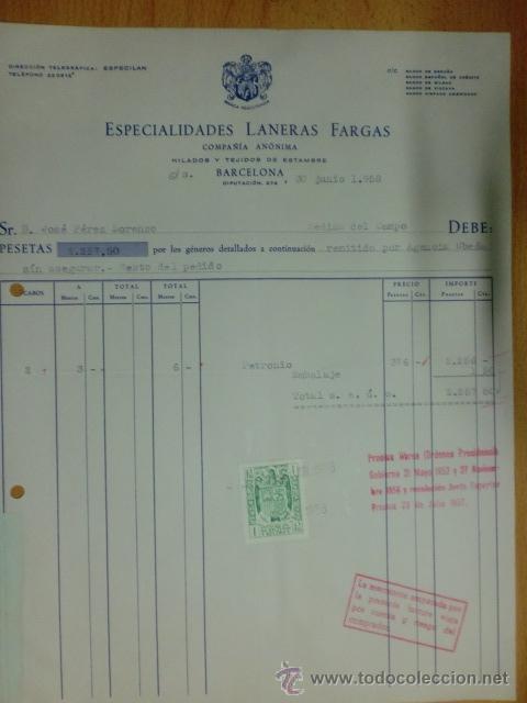 Factures anciennes: FACTURA. BARCELONA. JUNIO 1958. ESPECIALIDADES LANERAS FARGAS. HILADOS Y TEJIDOS DE ESTAMBRE.