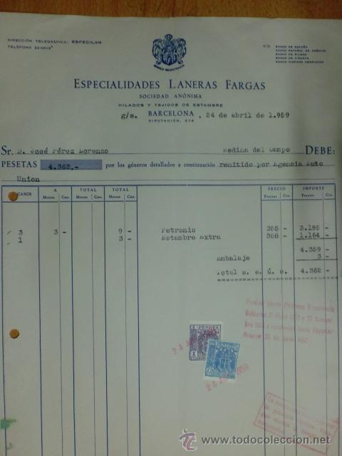 Factures anciennes: FACTURA. BARCELONA. ABRIL 1959. ESPECIALIDADES LANERAS FARGAS. HILADOS Y TEJIDOS DE ESTAMBRE.