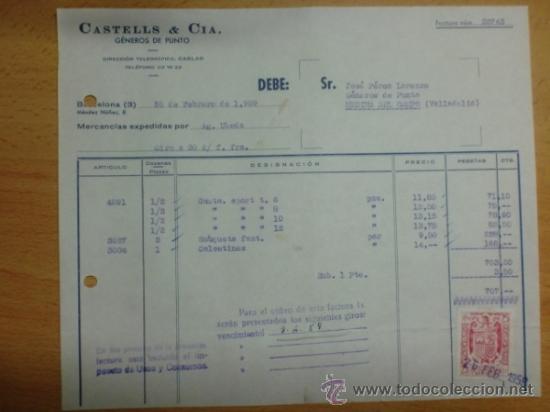 Factures anciennes: FACTURA. BARCELONA. FEBRERO 1959. CASTELLS Y CIA. GENEROS DE PUNTO.