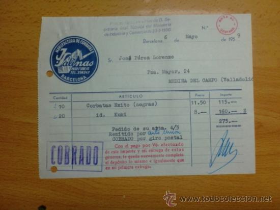 Factures anciennes: FACTURA. BARCELONA. MAYO 1959. MANUFACTURAS DE CORBATAS J. SALINAS.