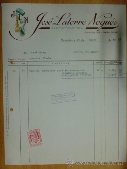Factures anciennes: FACTURA. BARCELONA. ENERO 1958. JOSE LATORRE NOGUES. (J. L. M.) MANUFACTURAS BYL.