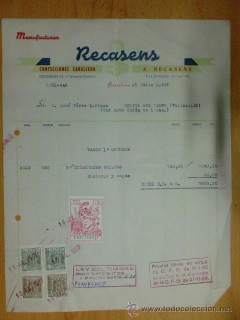Factures anciennes: FACTURA. BARCELONA. JULIO 1957. MANUFACTURAS RECASENS, CONFECCIONES DE CABALLERO