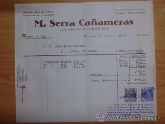 Factures anciennes: FACTURA. BARCELONA. ABRIL 1959. M. SERRA CA&Ntilde;AMERAS. MANUFACTURA DE CORSES, FAJAS DE CAUCHO.