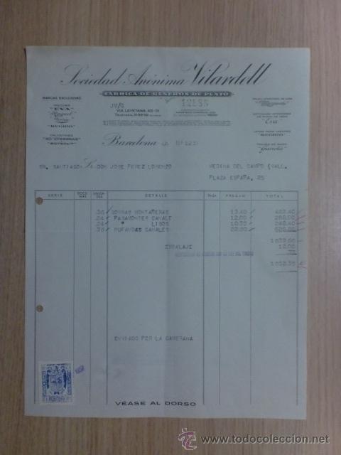 Old Invoices: FACTURA. BARCELONA. SEPTIEMBRE 1957. SOCIEDAD ANONIMA VILARDELL. FABRICA DE GENROS DE PUNTO.
