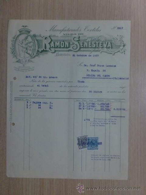 Old Invoices: FACTURA. BARCELONA. OCTUBRE 1957. MANUFACTURAS TEXTILES, VIUDA DE RAMON SENESTEVA.