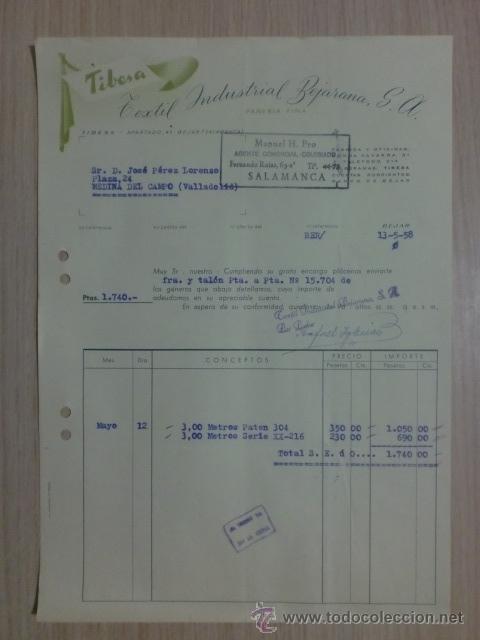 Old Invoices: FACTURA DE BEJAR - SALAMANCA 1958. TIBESA. TEXTIL INDUSTRIAL BEJARANA S.A.  PA&Ntilde;ERIA FINA