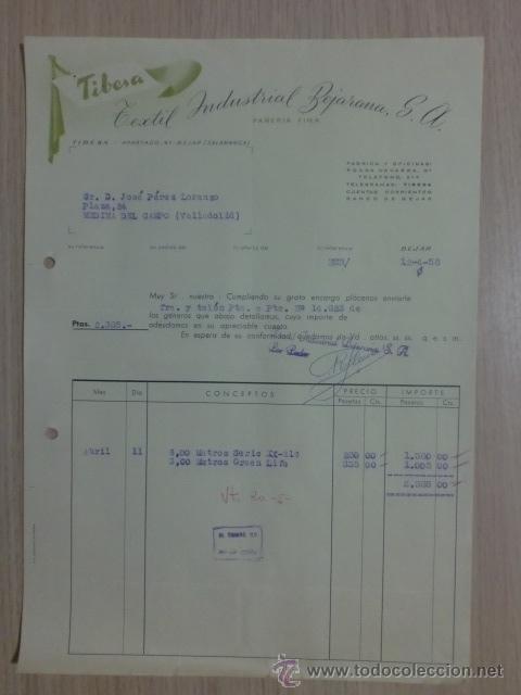 Facturas antiguas: FACTURA DE BEJAR - SALAMANCA 1958. TIBESA. TEXTIL INDUSTRIAL BEJARANA S.A.  PA&Ntilde;ERIA FINA