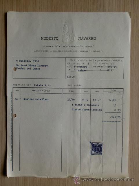 Fatture antiche: FACTURA DE LA SOLANA - C.REAL 1958. MODESTO NAVARRO. FABRICA DE CONFECCIONES LA TORRE