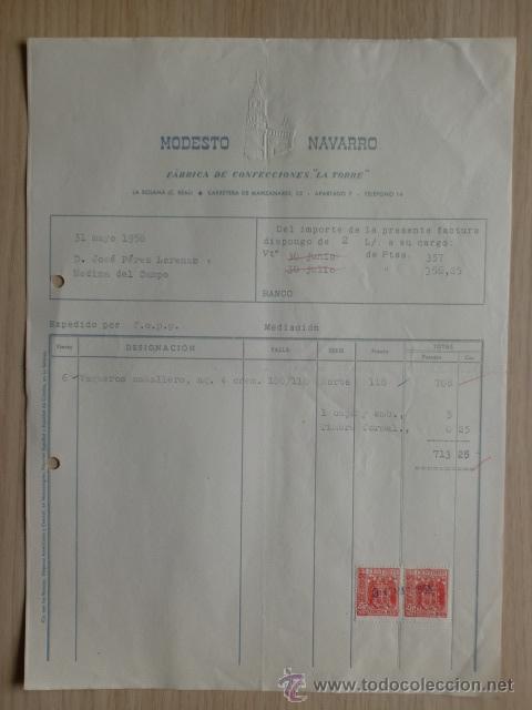 Fatture antiche: FACTURA DE LA SOLANA - C.REAL 1958. MODESTO NAVARRO. FABRICA DE CONFECCIONES LA TORRE