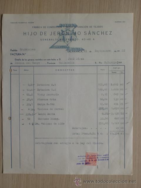 Fatture antiche: FACTURA DE SALAMANCA 1952. HIJO DE JERONIMO SANCHEZ. FABRICA DE CONFECCIONES Y MANUFACTURAS TEJIDOS