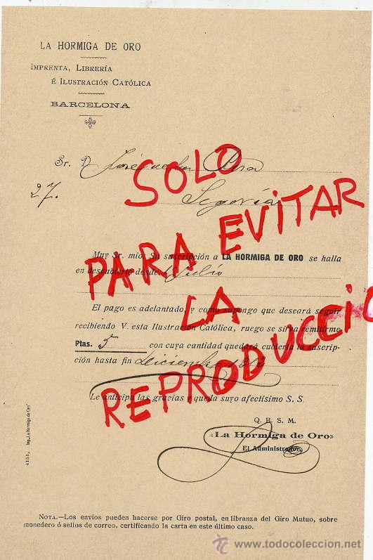 Facturas antiguas: LA HORMIGA DE ORO 1912 FACTURA SUSCRIPCION HOJA PAPEL