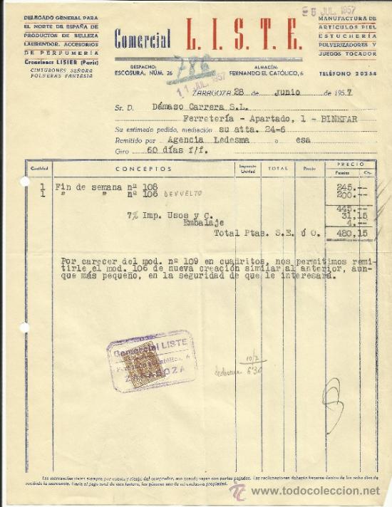 Factures anciennes: FACTURA DE COMERCIAL LISTE. ZARAGOZA. 1957