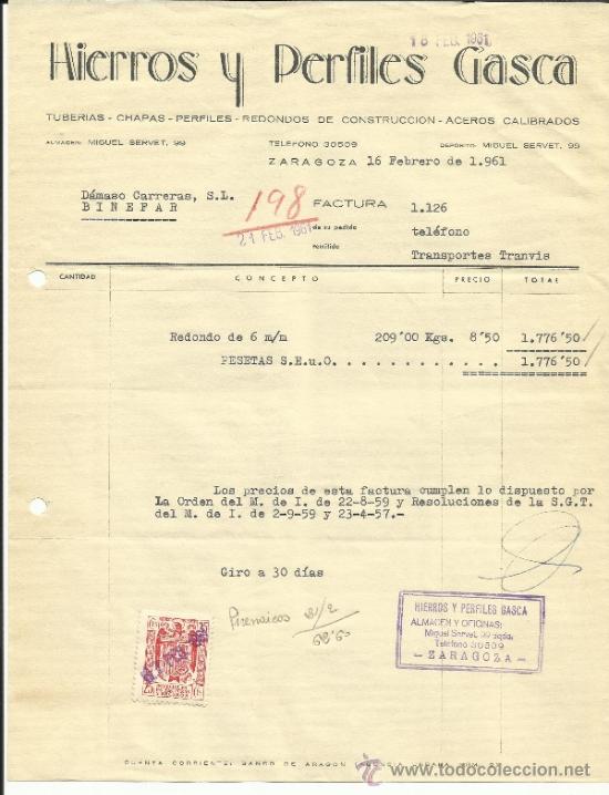 Factures anciennes: FACTURA DE HIERROS Y PERFILES GASCA. ZARAGOZA. 1961