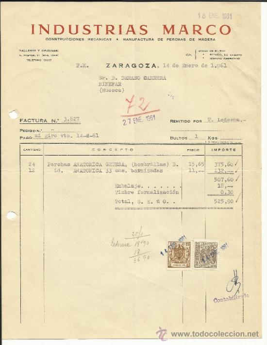Factures anciennes: FACTURA DE INDUSTRIAS MARCO. ZARAGOZA. 1961