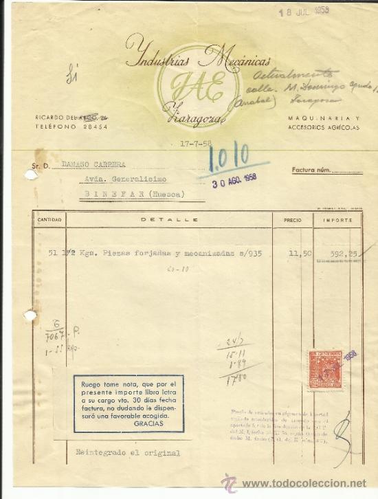 Factures anciennes: FACTURA DE INDUSTRIAS MEC&Aacute;NICAS ZARAGOZA. ZARAGOZA. 1958