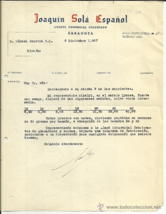 Factures anciennes: FACTURA DE JOAQU&Iacute;N SOL&Aacute; ESPA&Ntilde;OL, AGENTE COMERCIAL. ZARAGOZA 1957