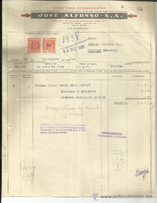 Factures anciennes: FACTURA DE JOSE ALFONSO. S.A. ZARAGOZA.1955