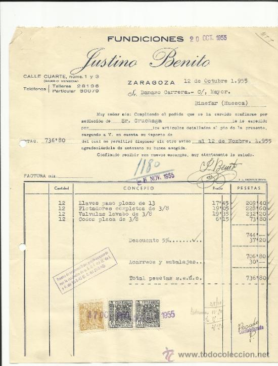 Factures anciennes: FACTURA DE FUNDICIONES JUSTINO BENITO. ZARAGOZA. 1955